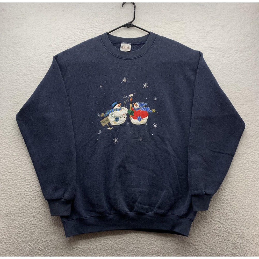 VTG Christmas Sweatshirt Womens Large L Snowman Marshmallow Winter Holidays USA